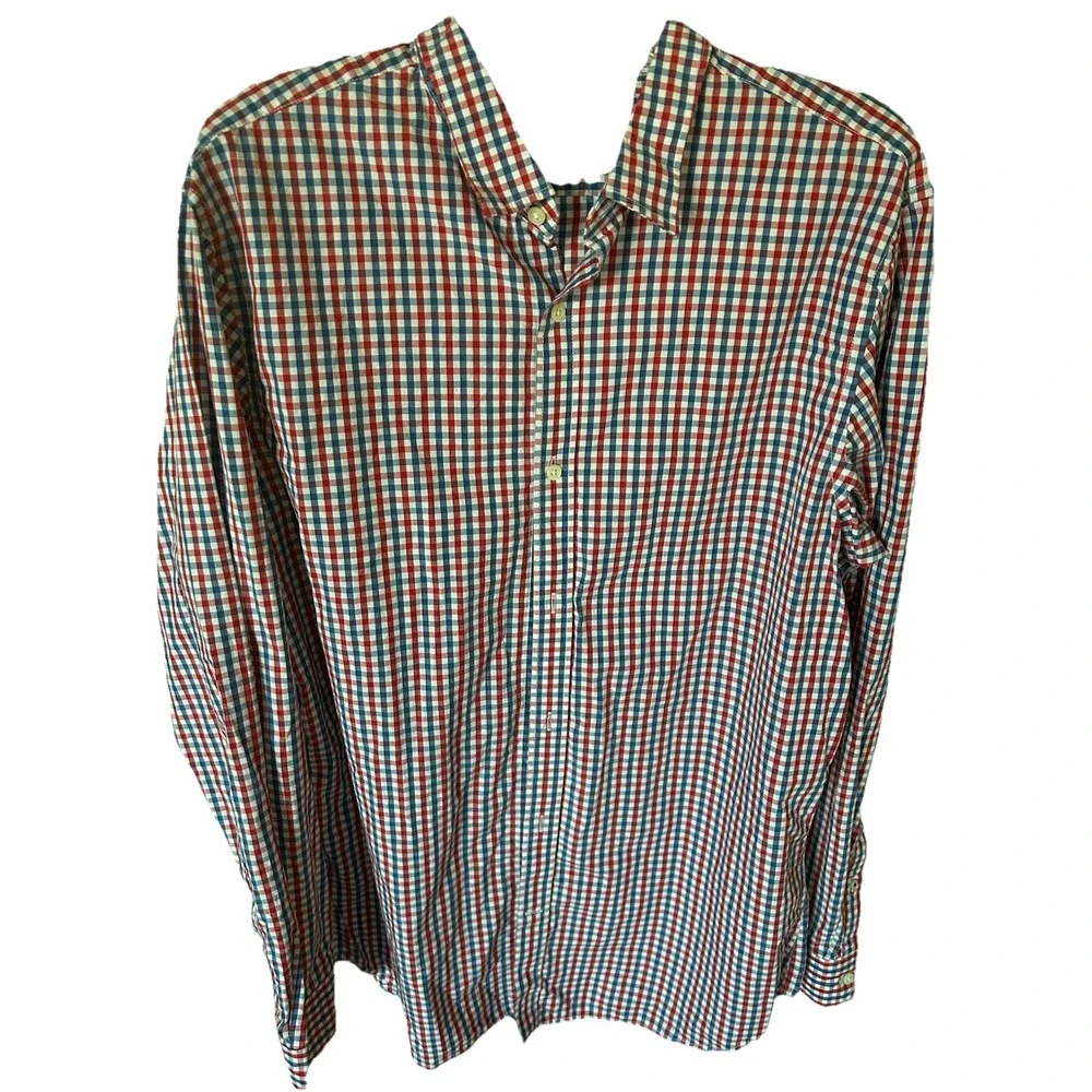 Banana Republic Men Soft Slim Fit Plaid Shirt Size XL TALL Blue Red White Cotton